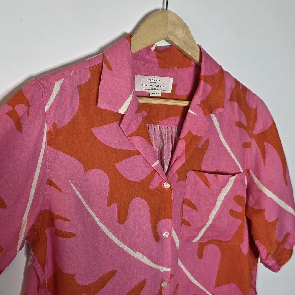 Trovata Birds of Paradise Margot shirt Pink palm print 100% Linen Size Medium - Picture 4 of 11